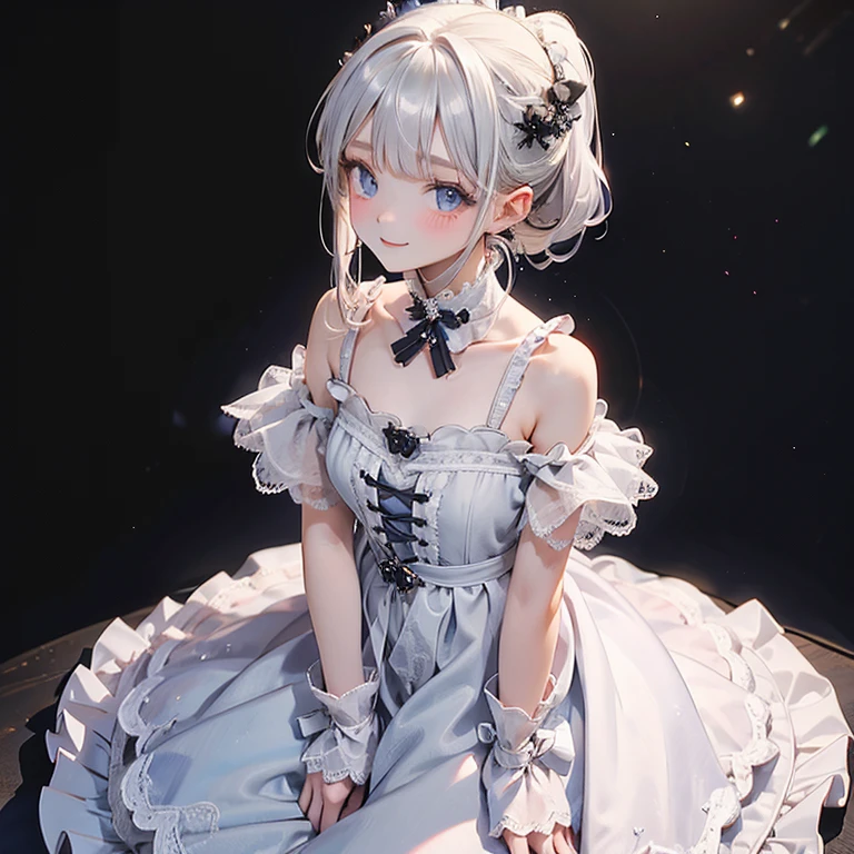 art by Cornflower,(​masterpiece),(top-quality:1.2),((perfect anatomy)),((arms behind back)),(1 girl),(flat chest),Highest quality,silver ponytail hair,blunt bangs,looking at viewer,beautiful detailed blue eyes,white capelet fashion,sitting on black chair,black interior,in dark room,be amazed,film lighting,depth of written boundary,bokeh,pastel tone,seductive smile