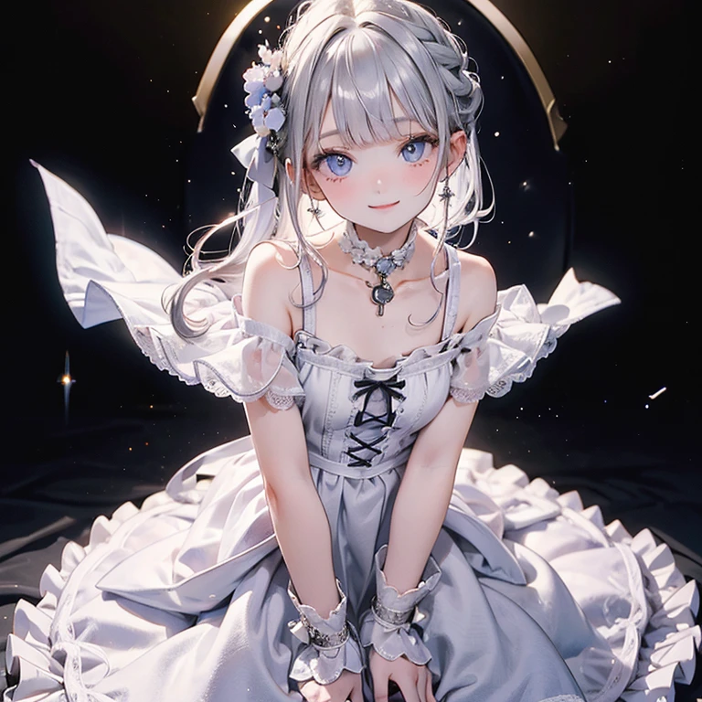 art by Cornflower,(​masterpiece),(top-quality:1.2),((perfect anatomy)),((arms behind back)),(1 girl),(flat chest),Highest quality,silver ponytail hair,blunt bangs,looking at viewer,beautiful detailed blue eyes,white capelet fashion,sitting on black chair,black interior,in dark room,be amazed,film lighting,depth of written boundary,bokeh,pastel tone,seductive smile