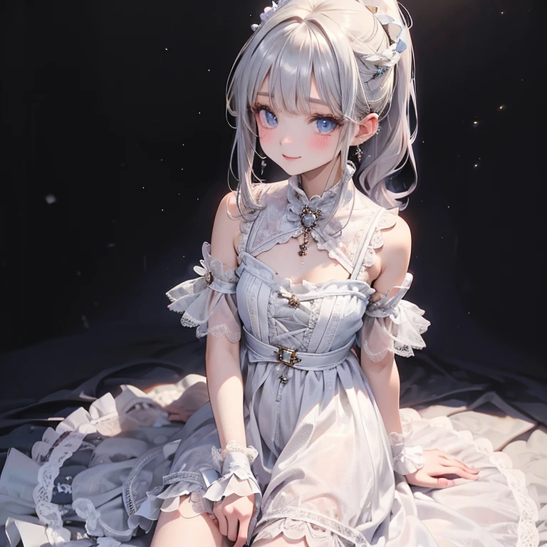 art by Cornflower,(​masterpiece),(top-quality:1.2),((perfect anatomy)),((arms behind back)),(1 girl),(flat chest),Highest quality,silver ponytail hair,blunt bangs,looking at viewer,beautiful detailed blue eyes,white capelet fashion,sitting on black chair,black interior,in dark room,be amazed,film lighting,depth of written boundary,bokeh,pastel tone,seductive smile