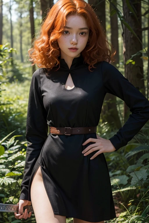  girl, Lovely, orange hair, very short, Very curly, slim, flat bust, with freckles on the face, with slavic features, with short black dress, of long sleeve, shows her legs, In the woods, holding a sword in his hand.