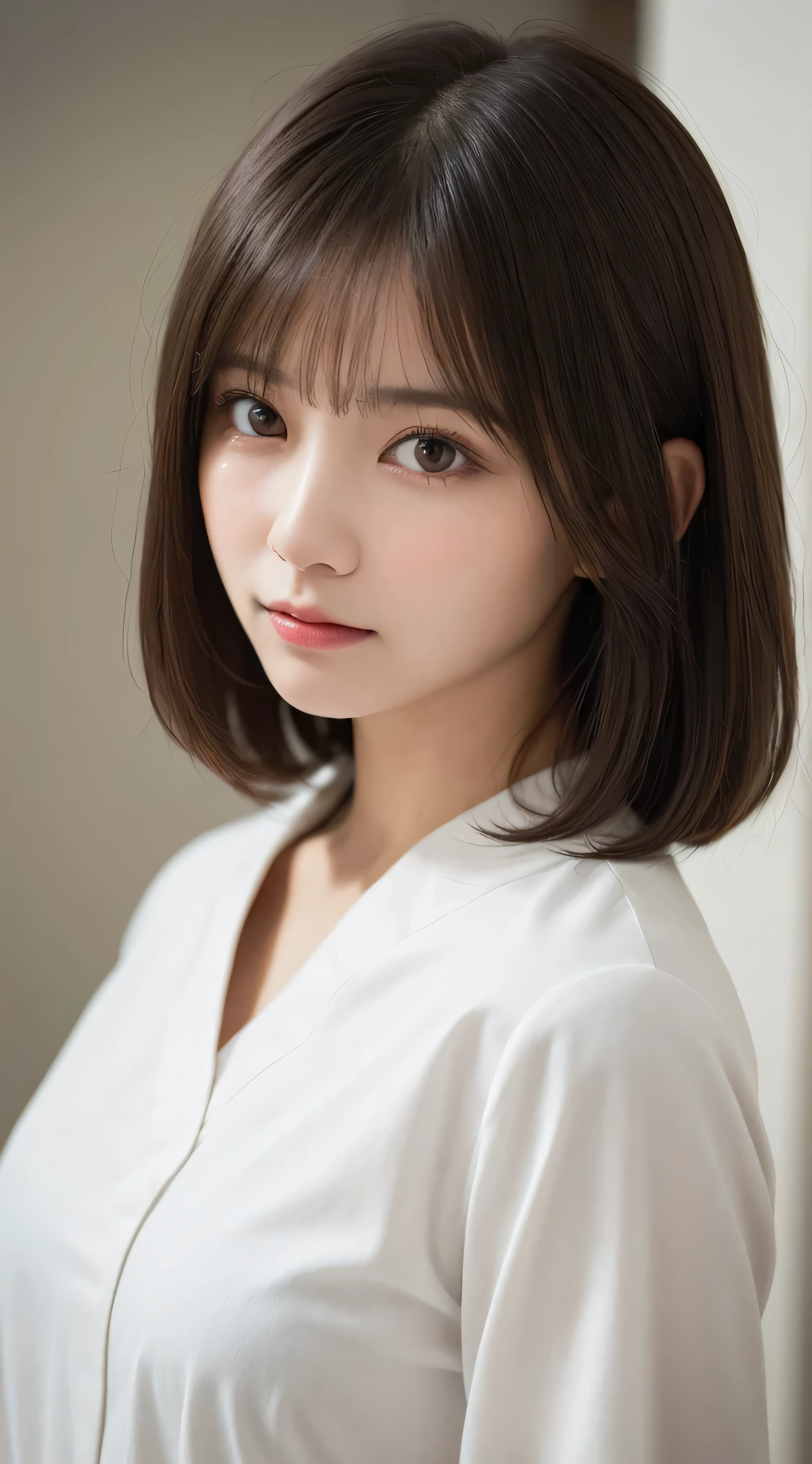 Close-up shot of a white woman with short, dark hair, dressed in a crisp white doctor's blouse, looking directly at the camera with a gentle expression. Soft lighting illuminates her face and highlights the subtle curves of her features. The background is blurred, focusing attention on her calm demeanor.