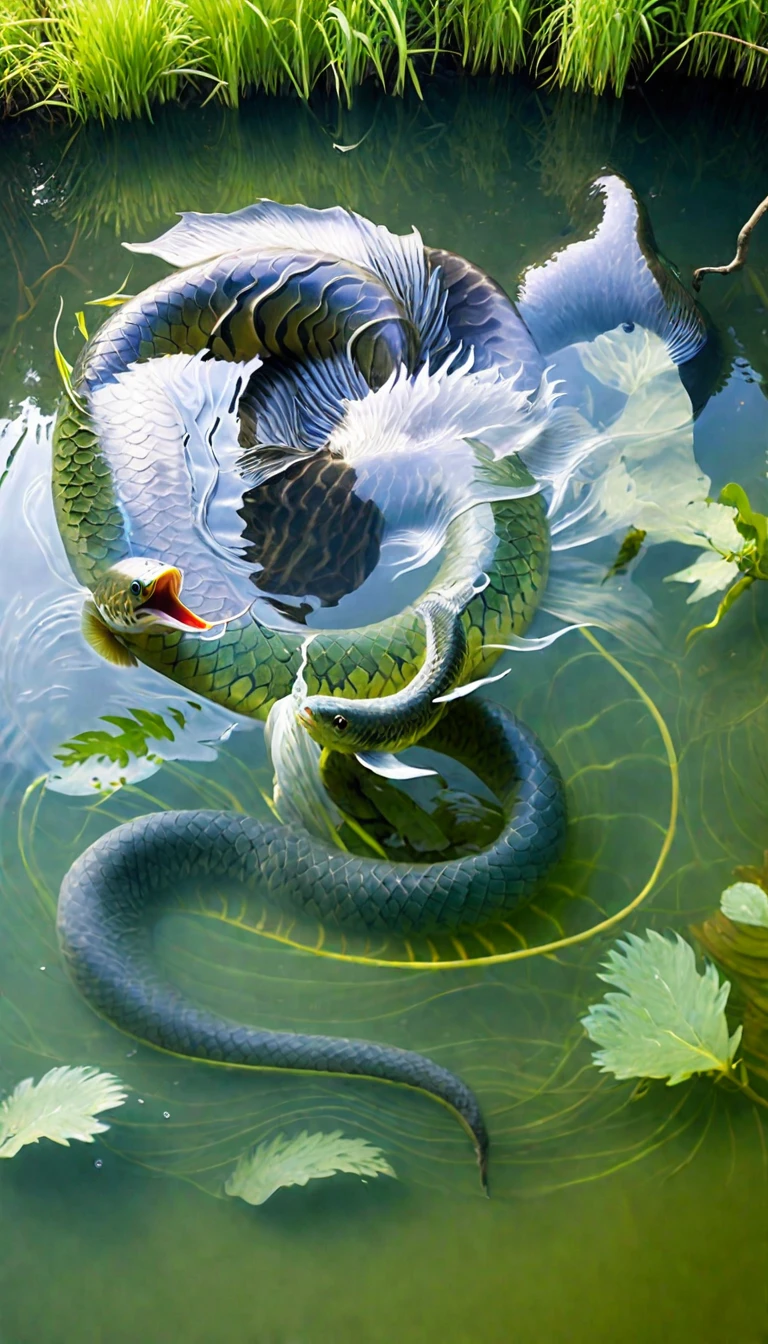 Panorama,There is a creature growing in the water,The body of a fish,Snake's Tail(best quality,4K,8k,High level,masterpiece:1.2),Ultra Detailed,(lifelike,Photo real,Photo real:1.37),Highly detailed animals,Complex patterns,Realistic lighting,Fantasy Creatures