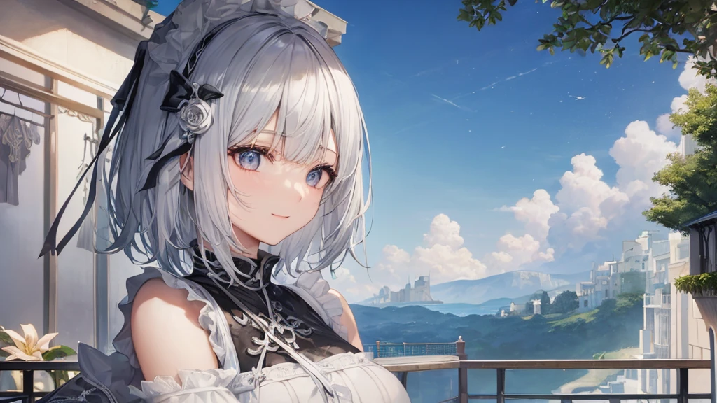 とてもShort Hair, Long bangs between the eyes, Very detailed,(masterpiece、Highest quality)、alone、Gray Hair、Fantasy, Silver Hair, Fantasyな風景、smile、Open your mouth、short hair、Short Hair、hairpin、black eye、Grey Eyes、Beautiful Eyes、Black Shirt、White hoodie