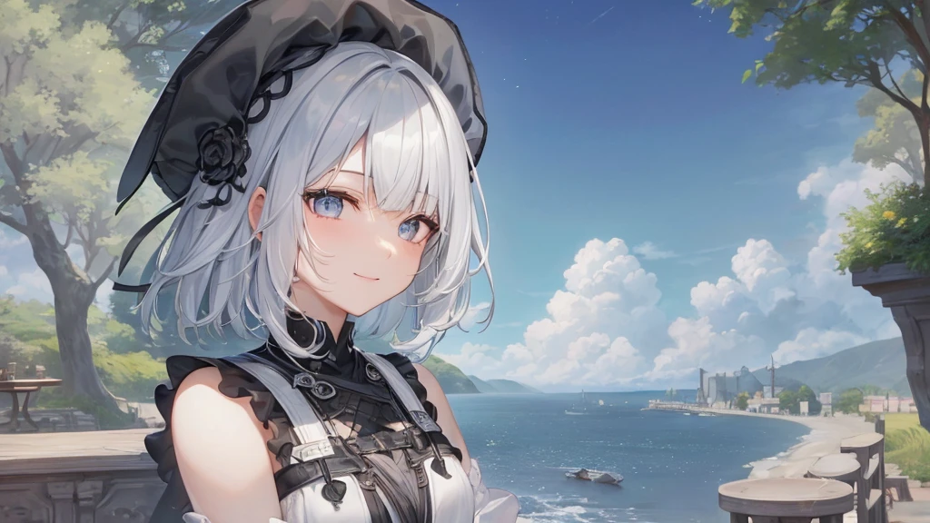 とてもShort Hair, Long bangs between the eyes, Very detailed,(masterpiece、Highest quality)、alone、Gray Hair、Fantasy, Silver Hair, Fantasyな風景、smile、Open your mouth、short hair、Short Hair、hairpin、black eye、Grey Eyes、Beautiful Eyes、Black Shirt、White hoodie