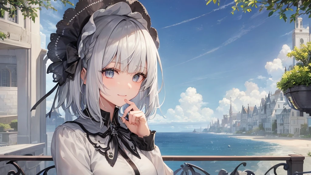 とてもShort Hair, Long bangs between the eyes, Very detailed,(masterpiece、Highest quality)、alone、Gray Hair、Fantasy, Silver Hair, Fantasyな風景、smile、Open your mouth、short hair、Short Hair、hairpin、black eye、Grey Eyes、Beautiful Eyes、Black Shirt、White hoodie