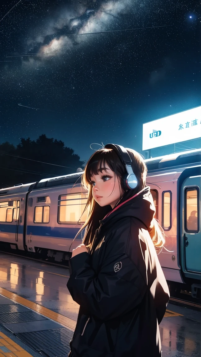 train, trainから降りる, Light clothing、Station platform,Stargazing, Put on your headphones, Night Travel, Beautiful starry sky, beautiful girl, UHD Portrait, (high quality) (Super detailed) Observation of viewers wearing hip-hop street fashion; different, colorful, Long hair in color 🌈
