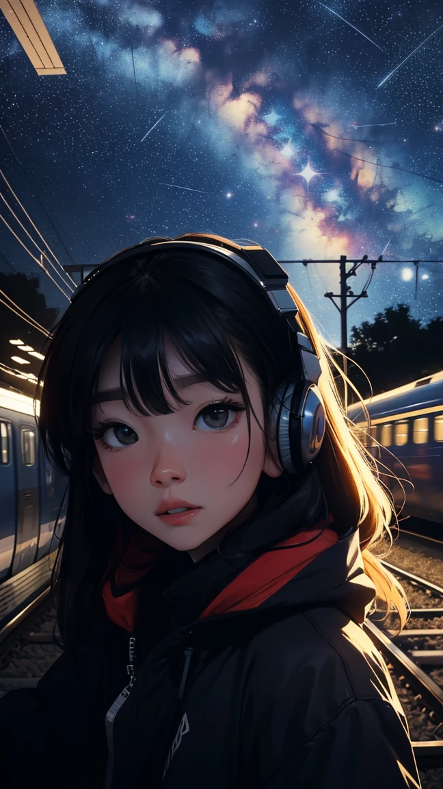 train, trainから降りる, Light clothing、Station platform,Stargazing, Put on your headphones, Night Travel, Beautiful starry sky, beautiful girl, UHD Portrait, (high quality) (Super detailed) Observation of viewers wearing hip-hop street fashion; different, colorful, Long hair in color 🌈