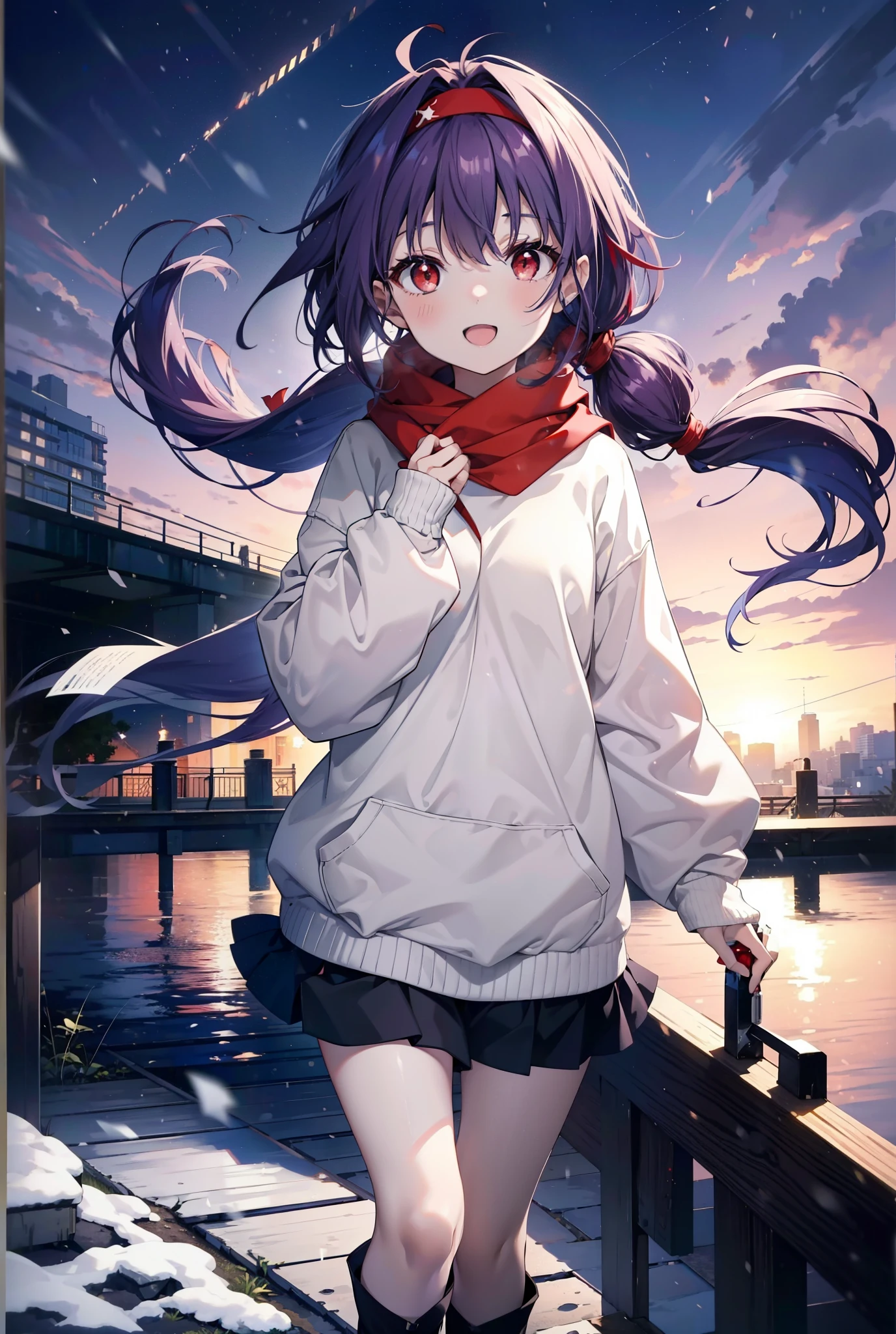 yuukikonno, Konno Yuuki, Long Hair, Pointed Ears, Purple Hair, (Red eyes:1.5), (Small breasts:1.2), Open your mouth,happy smile, smile, Open your mouth,hair band,low twin tail,Red Scarf,Oversized purple hoodie,Black pantyhose,Long skirt,short boots,Holding a paper cup of coffee in both hands,Walking,snowが降っている,snowが降り積もっている,snow,snow,snow,snow,snowが積もった木,winter,Cold Sky,night,whole bodyがイラストに入るように,
break looking at viewer,  whole body,
break outdoors, garden,
break (masterpiece:1.2), Highest quality, High resolution, unity 8k wallpaper, (figure:0.8), (Beautiful attention to detail:1.6), Highly detailed face, Perfect lighting, Highly detailed CG, (Perfect hands, Perfect Anatomy),