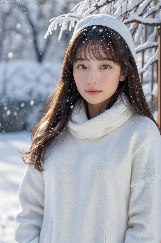 (masterpiece:1.35),(best-quality:1.4),8k,ultra-detailed,photography,(ultra-realistic:1.4), adult girl, long hair, sweater, snowing background,