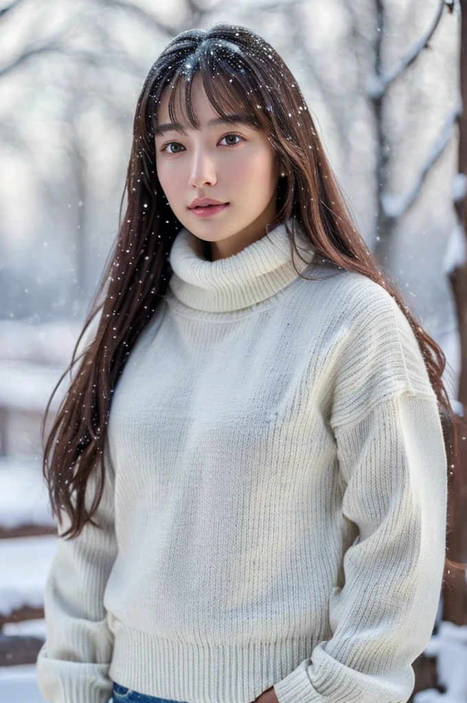 (masterpiece:1.35),(best-quality:1.4),8k,ultra-detailed,photography,(ultra-realistic:1.4), adult girl, long hair, sweater, snowing background,