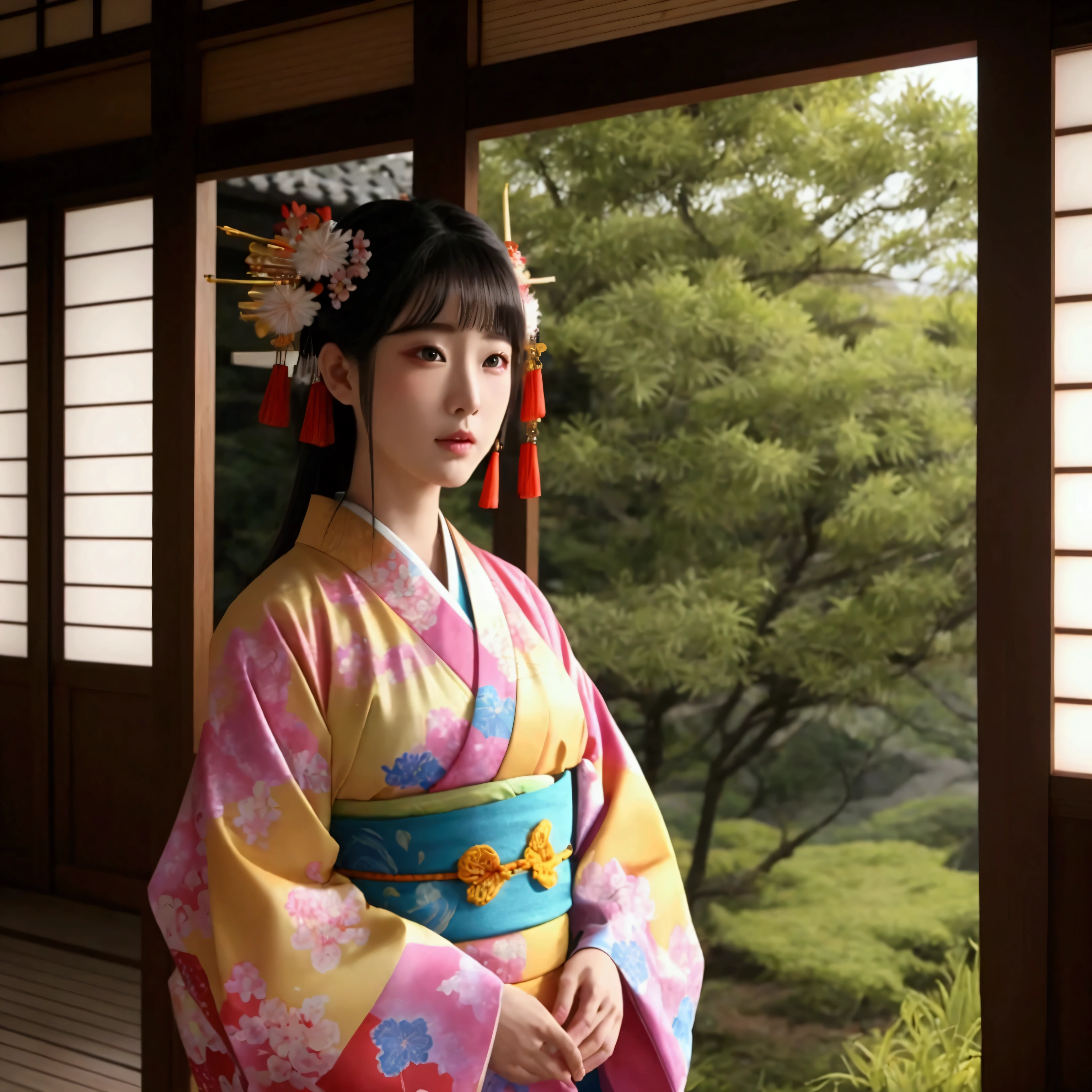 Realistic picture　God々Chi Beauty　天照大Godのような　colorful kimono　Facing the front