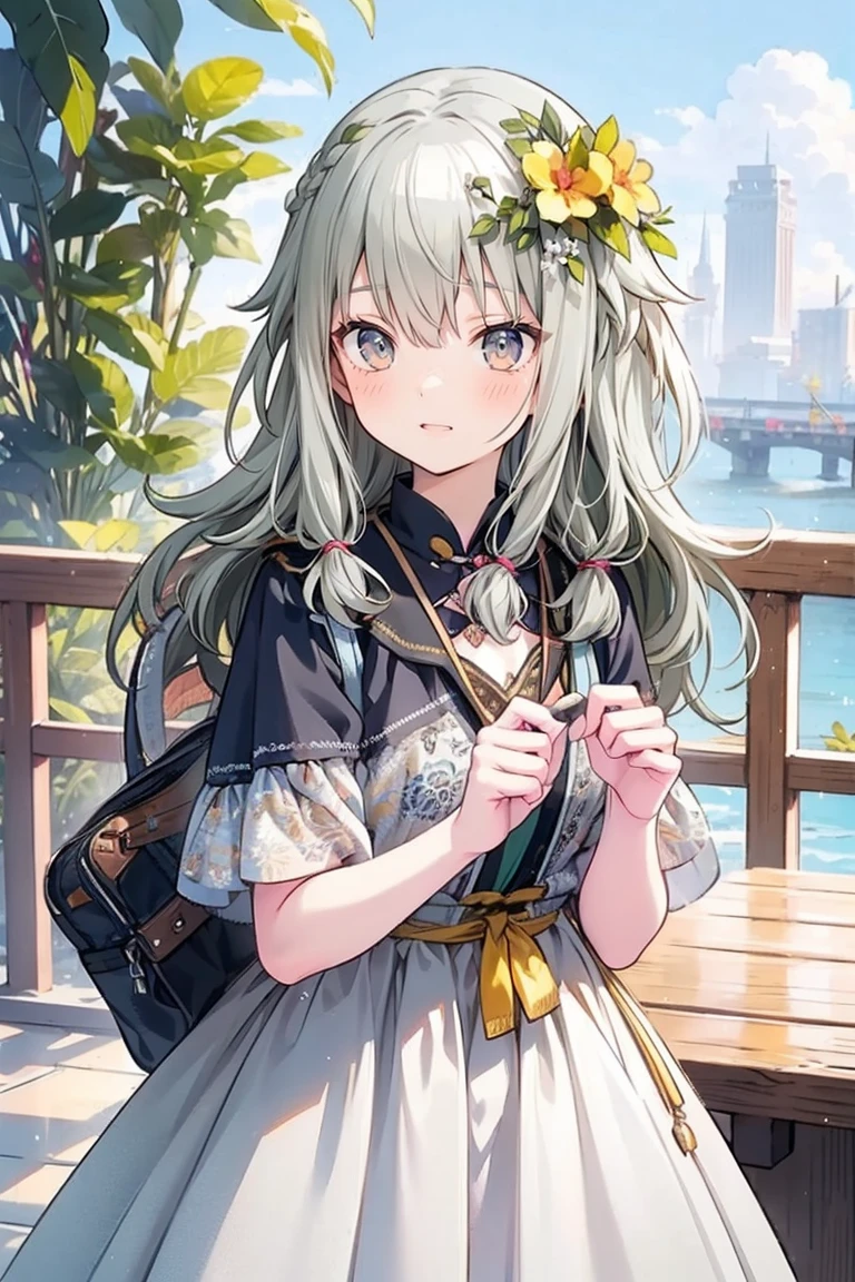 Nahida, (white hair), gradient hair, green hair, side ponytail, long hair, bangs, flat chest, school uniform, sitting on chair, beach, (pointy ears:0.7), CG