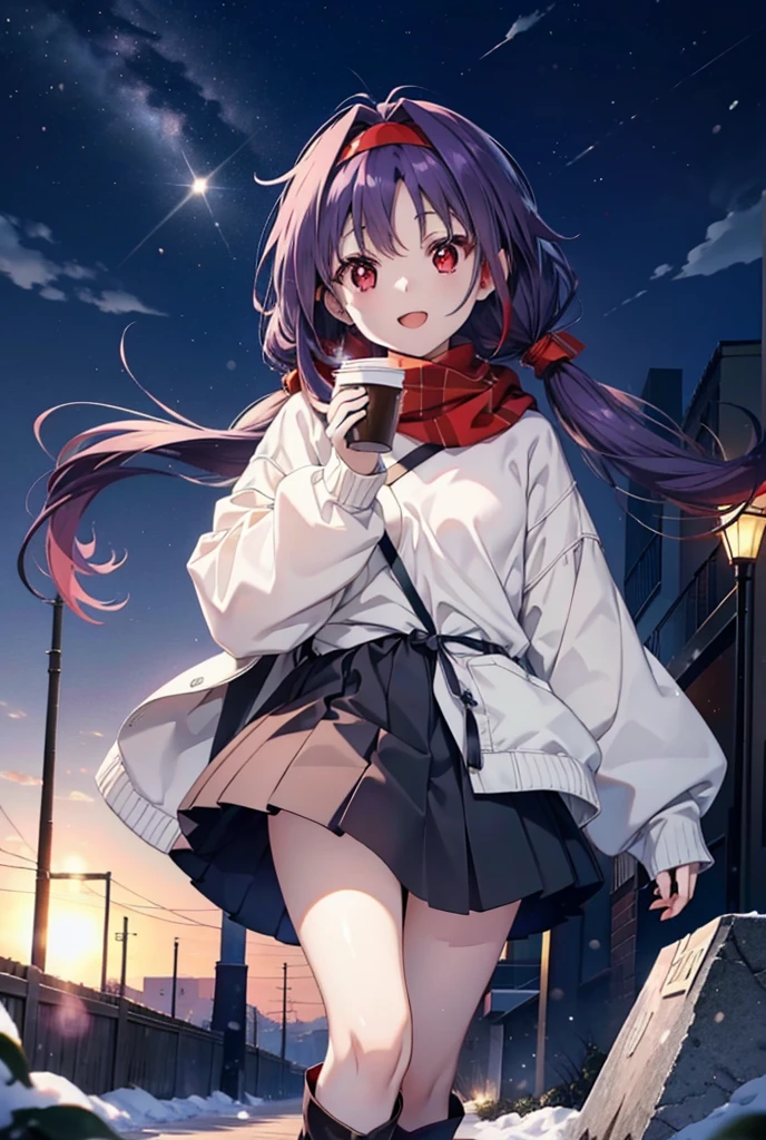 yuukikonno, Konno Yuuki, Long Hair, Pointed Ears, Purple Hair, (Red eyes:1.5), (Small breasts:1.2), Open your mouth,happy smile, smile, Open your mouth,hair band,low twin tail,Red Scarf,Oversized purple hoodie,Black pantyhose,Long skirt,short boots,Holding a paper cup of coffee in both hands,Walking,snowが降っている,snowが降り積もっている,snow,snow,snow,snow,snowが積もった木,winter,Cold Sky,night,whole bodyがイラストに入るように,
break looking at viewer,  whole body,
break outdoors, garden,
break (masterpiece:1.2), Highest quality, High resolution, unity 8k wallpaper, (figure:0.8), (Beautiful attention to detail:1.6), Highly detailed face, Perfect lighting, Highly detailed CG, (Perfect hands, Perfect Anatomy),