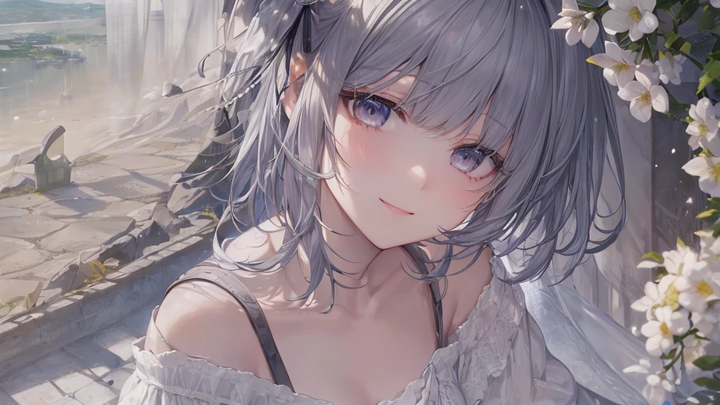 とてもShort Hair, Long bangs between the eyes, Very detailed,(masterpiece、Highest quality)、alone、Gray Hair、Fantasy, Silver Hair, Fantasyな風景、smile、Open your mouth、short hair、Short Hair、hairpin、black eye、Grey Eyes、Beautiful Eyes、Black Shirt、White hoodie