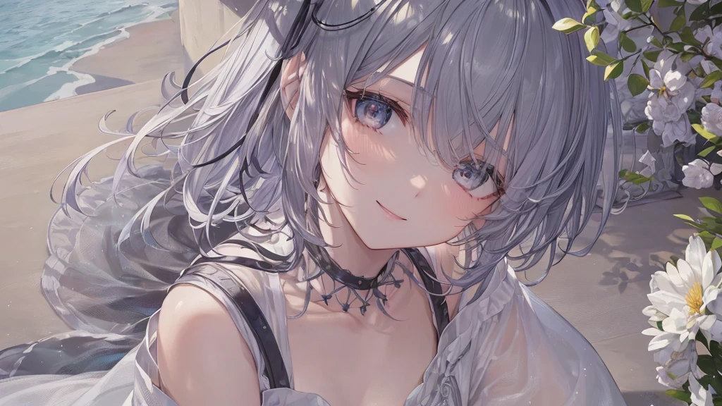 とてもShort Hair, Long bangs between the eyes, Very detailed,(masterpiece、Highest quality)、alone、Gray Hair、Fantasy, Silver Hair, Fantasyな風景、smile、Open your mouth、short hair、Short Hair、hairpin、black eye、Grey Eyes、Beautiful Eyes、Black Shirt、White hoodie