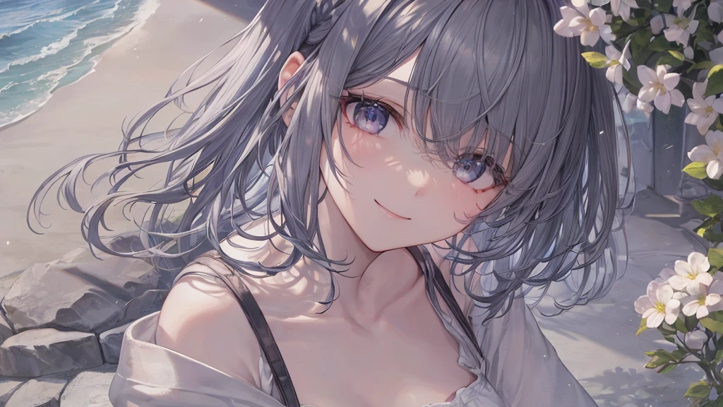 とてもShort Hair, Long bangs between the eyes, Very detailed,(masterpiece、Highest quality)、alone、Gray Hair、Fantasy, Silver Hair, Fantasyな風景、smile、Open your mouth、short hair、Short Hair、hairpin、black eye、Grey Eyes、Beautiful Eyes、Black Shirt、White hoodie