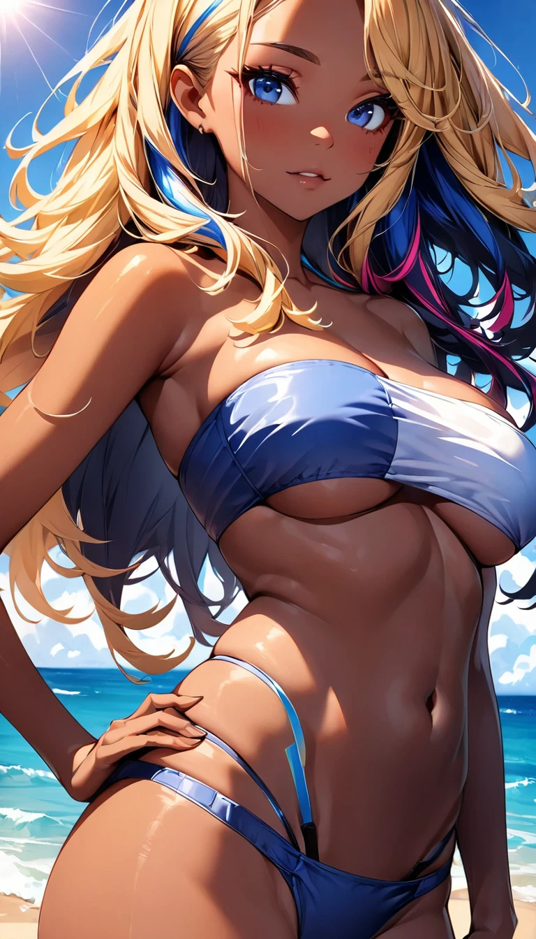 (highest quality:1.2, Very detailed, up to date, Vibrant, Ultra-high resolution, High Contrast, masterpiece:1.2, highest quality, Best aesthetics), Portraiture、girl、slim, Bright colors、Beautiful fine details、Beautiful lip detail、long hair, ((wavy hair:0.6))、messy hair, blonde and blue ((streaked hair:1.1)), (highlights hair:1.3), (medium breast:1.4), (tan skin:1.3), beautiful beach, day, sun shine, blue sky, ((bandeau bikini:1.8)), blue Thong swimsuit, Cowboy shot,