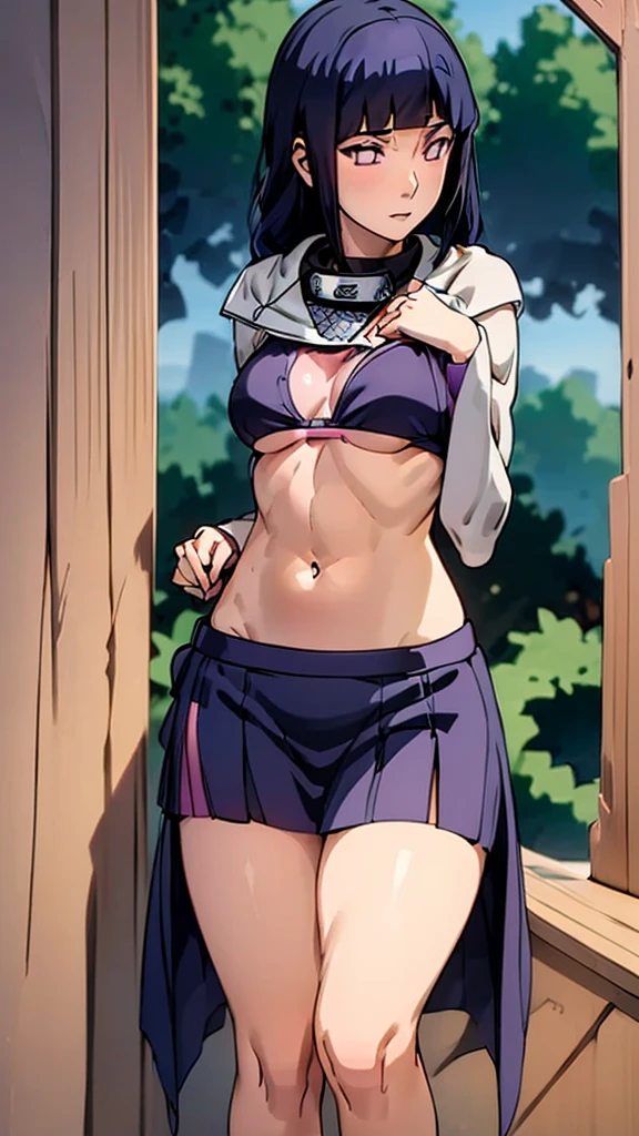 (masterpiece), (best quality), (ultra-detailed), 1girl, wearing a cute bra and skirt, long purp;e hair, hinata hyuga, belly sexy, stomach, sexy figure, toned legs