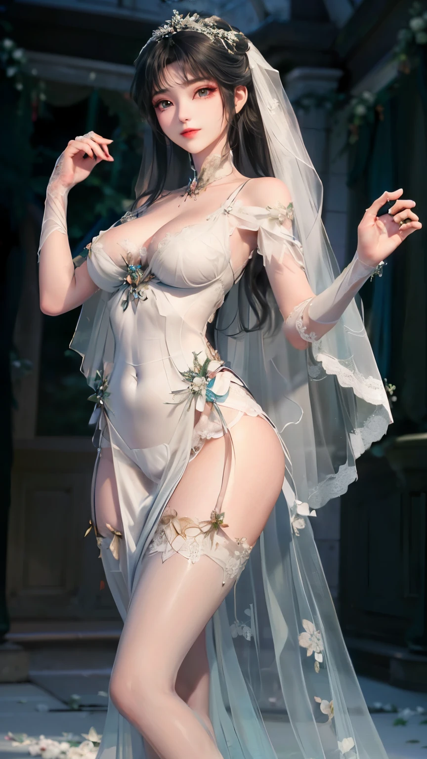 Masterpiece,high quality,beautiful wallpaper,16k,animation,illustration,front view,overlooking camera,perfect body,cleavage,exquisite face,exquisite features,1 girl,sexy,(wedding:1.5),(many people:1.5)(white robe),white suspenders,(white lace underwear: ilsil white) 1.5),veil,