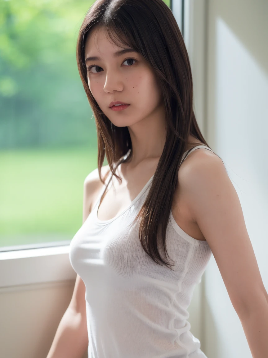 (best quality:1.4), (ultra highres:1.2), (photorealistic:1.4), (16k, RAW photo:1.2),(portrait shot:1.3), bmangpor, 1girl, solo, long hair, brown hair, upper body, white smooth armpits, one arm up, knit tank top,  small breast,see through,nipple