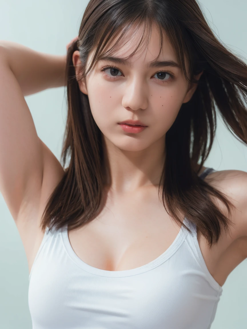 (best quality:1.4), (ultra highres:1.2), (photorealistic:1.4), (16k, RAW photo:1.2),(portrait shot:1.3), bmangpor, 1girl, solo, long hair, brown hair, upper body, white smooth armpits, one arm up, knit tank top,  small breast,see through,nipple