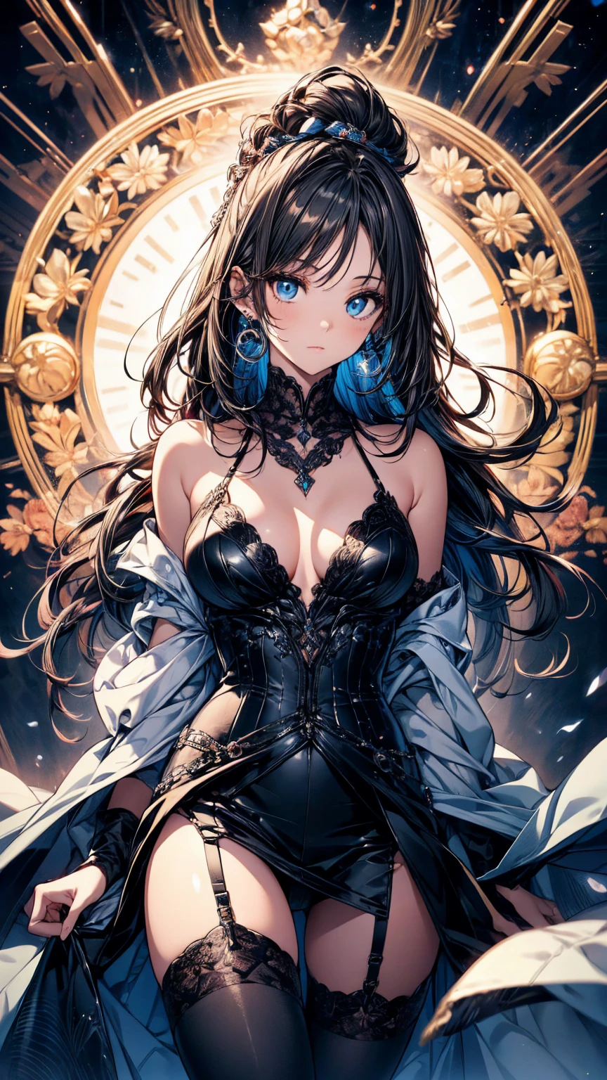 (masterpiece, Highest quality, Very detailed, Best Shadow), (Detailed Background,Dark fantasy), (Beautifully detailed landscapes), High Contrast, (Best lighting, Very delicate and beautiful), ((Cinematic Light)), colorful, Hyper Detail, Dramatic Light, Intricate details, Dynamic Angle), Black light swirling around, Depth of written boundary,black light particles,(Broken glass),magic circle,water,huge clocks,zero,the sun and the moon,Landscape only,There are no people,Watch Center,A clock sinking in water,Blue glowing light,Huge tower and city,Landscape,青く輝く光,天の川