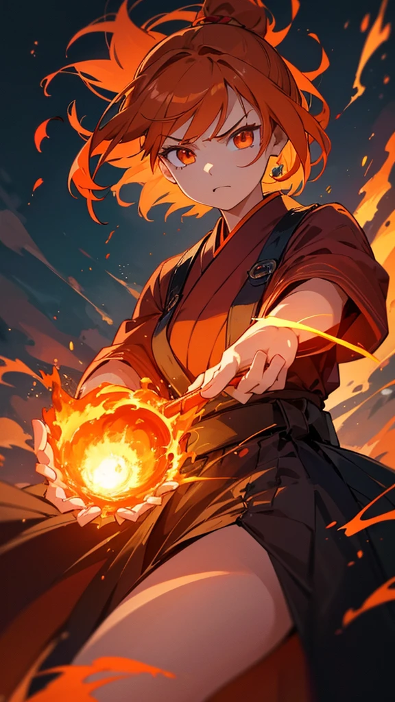 An angry girl with orange hair and ruby eyes, wearing traditional Japanese clothes, breathing fire from her mouth. The scene is filled with flames and fire sparks, creating a glowing effect. The image is of the best quality, in 4k, 8k, high resolution, and a masterpiece, with ultra-detailed and photorealistic elements. The girl’s face is detailed, and the overall image features intricate details, vibrant colors, dramatic lighting, and a cinematic composition. The scene is set in a fantasy world with the girl in a dynamic pose.