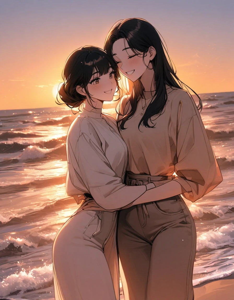 Two young adult South Korean women with height differences. Embraced on the shore between sand and sea, they smile like a couple in love while the orange sunset sun illuminates their faces, which are enveloped by the beige colors of the sunset.