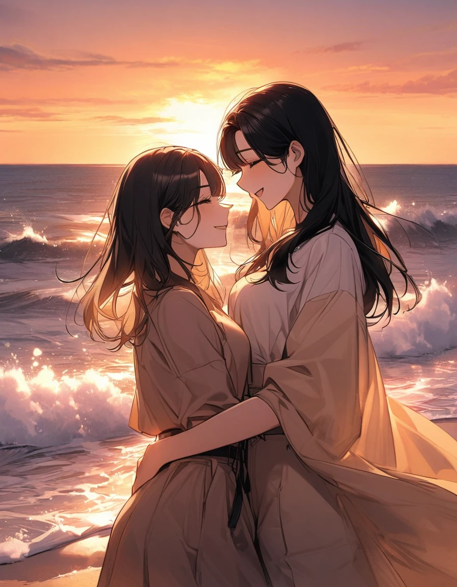 Two young adult South Korean women with height differences. Embraced on the shore between sand and sea, they smile like a couple in love while the orange sunset sun illuminates their faces, which are enveloped by the beige colors of the sunset.