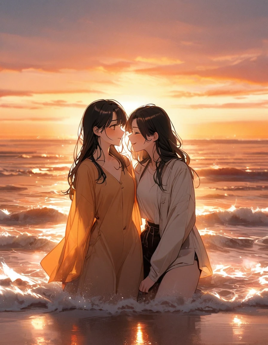 Two young adult South Korean women with height differences. Embraced on the shore between sand and sea, they smile like a couple in love while the orange sunset sun illuminates their faces, which are enveloped by the beige colors of the sunset.
