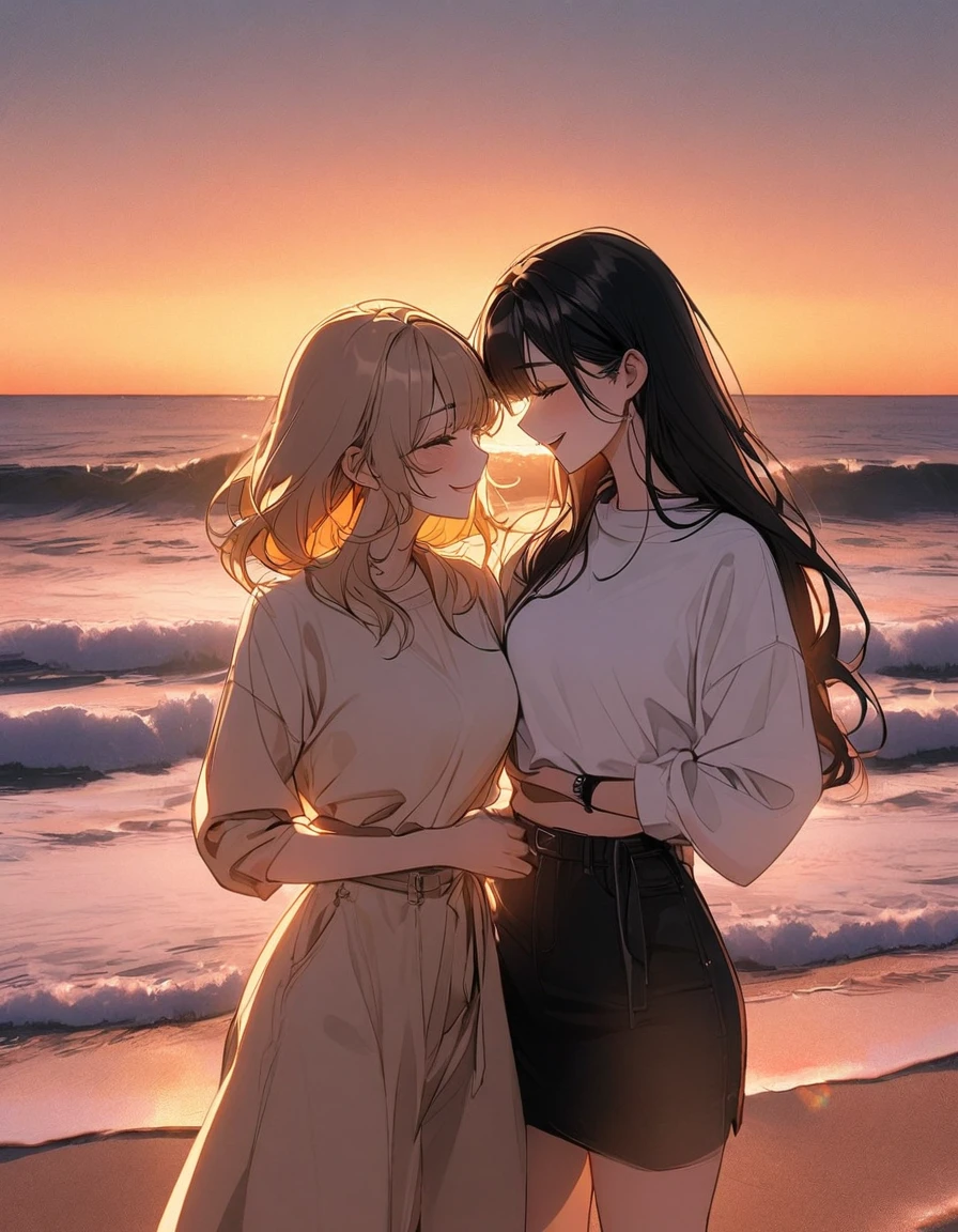 Two young adult South Korean women with height differences. Embraced on the shore between sand and sea, they smile like a couple in love while the orange sunset sun illuminates their faces, which are enveloped by the beige colors of the sunset.