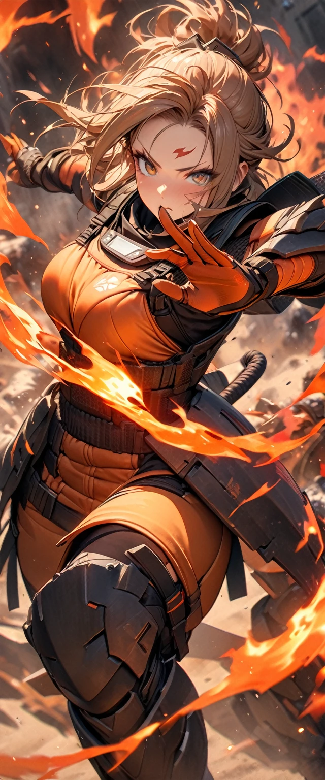 (masterpiece),(Highest quality),(High resolution),(Very detailed),8k,wallpaper,(Armored Core Style),Woman in ninja robot armor,(Tactical Forehead Protector),Random Hairstyles,(Fire Ninja),(Orange body),(Detailed face),((Cowboy Shot)),(The background is a blazing flame:1.3),(dynamic),(Making a Ninja Sign:1.3),(action shot),((Detailed hands,Beautiful female hands)),(Hand,detailed,perfect,perfection,hands)