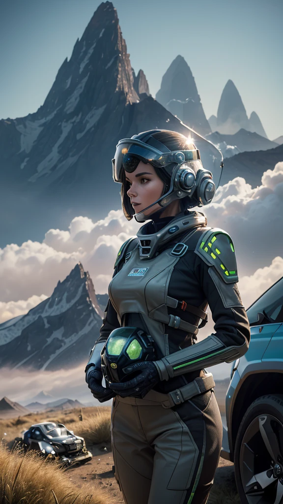 award-winning close-up photo of a woman (science fiction explorer:1.3) helmet with hexagonal glass visor, [Psycho-Style::10], next to a (accident vehicle:1.2), (smoke:1.4), looking towards a green alien planet, (mountains:1.2) (tall grass:1.2), Rocks, Very detailed, good detail, (intricate:1.3), (Lens flare:0.6), (backlighting:0.8), (Bloom:0.8), shallow depth of field