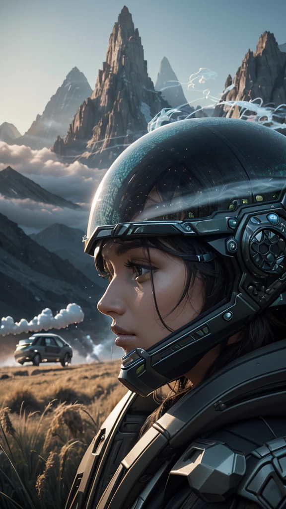 award-winning close-up photo of a woman (science fiction explorer:1.3) helmet with hexagonal glass visor, [Psycho-Style::10], next to a (accident vehicle:1.2), (smoke:1.4), looking towards a green alien planet, (mountains:1.2) (tall grass:1.2), Rocks, Very detailed, good detail, (intricate:1.3), (Lens flare:0.6), (backlighting:0.8), (Bloom:0.8), shallow depth of field