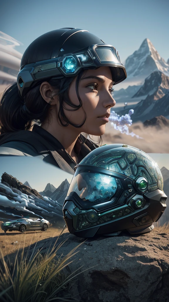 award-winning close-up photo of a woman (science fiction explorer:1.3) helmet with hexagonal glass visor, [Psycho-Style::10], next to a (accident vehicle:1.2), (smoke:1.4), looking towards a green alien planet, (mountains:1.2) (tall grass:1.2), Rocks, Very detailed, good detail, (intricate:1.3), (Lens flare:0.6), (backlighting:0.8), (Bloom:0.8), shallow depth of field