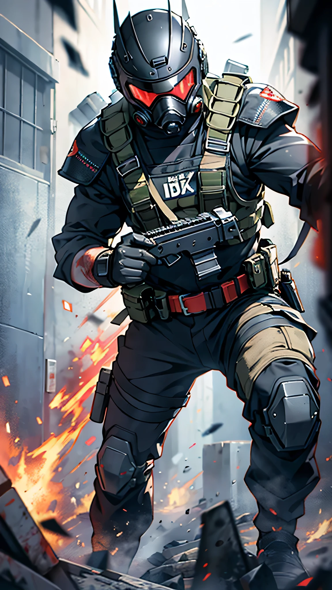 最high quality、Best image quality、masterpiece、male((humanoid、Railgun、Bulletproof vest、Jetpack、Red visor、Run、Assault rifle,Full of wounds,gas mask、Gold Color、Fighting Pose、Muscular,Blood splatter,Tattered))high quality、Beautiful art、background((underground,Fighting the monsters)),Tabletop、Exquisite design、Visual Arts、Written boundary depth、Best lighting、The finest details、8k