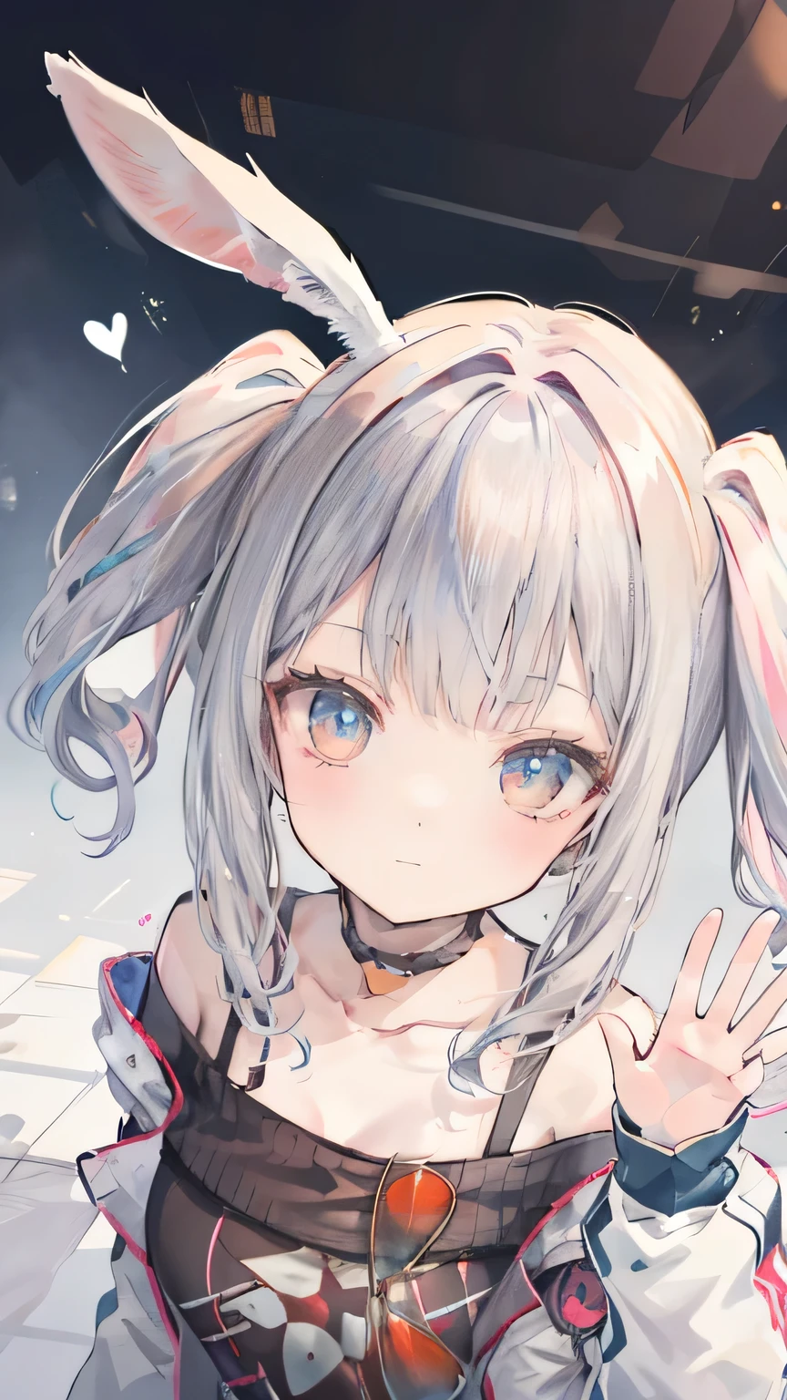 silver hair, hair behind ear, hair two side up, rabbit ears, shy, ray tracing, masterpiece, accurate, textured skin, high quality, high details, best quality, super detail, Japanese high school girl, casual clothes, holiday walk, waving, Heart symbols, from above