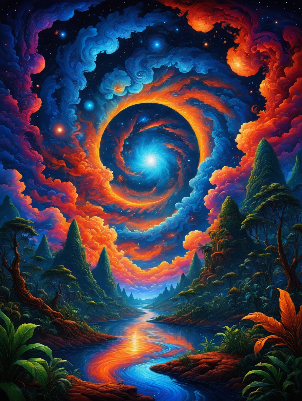 colorful sky with a bright orange and blue nebula, twisted clouds, visionary jungle ​​on the banks of the river
PsyLand