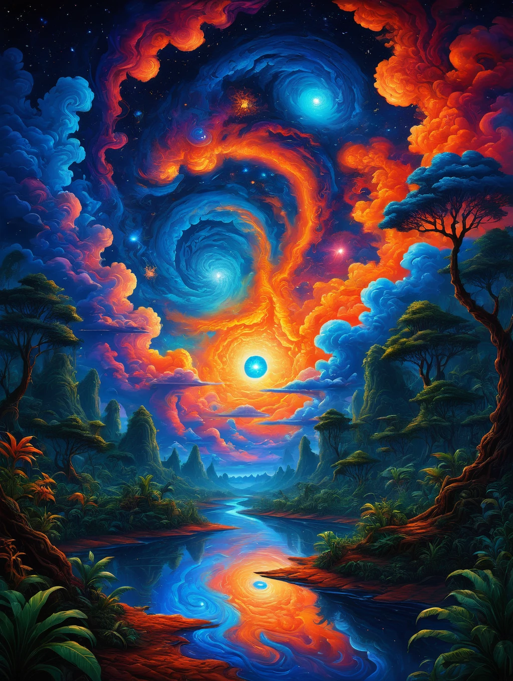 colorful sky with a bright orange and blue nebula, twisted clouds, visionary jungle ​​on the banks of the river
PsyLand