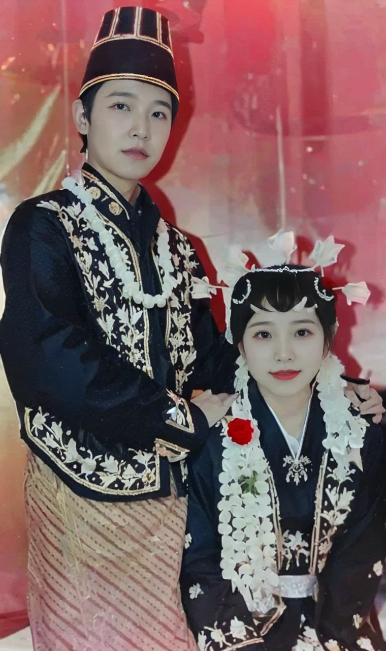 Indonesian bride and groom, they wear traditional Javanese traditional clothes, the clothes have white jasmine flowers, brown sarongs, red roses