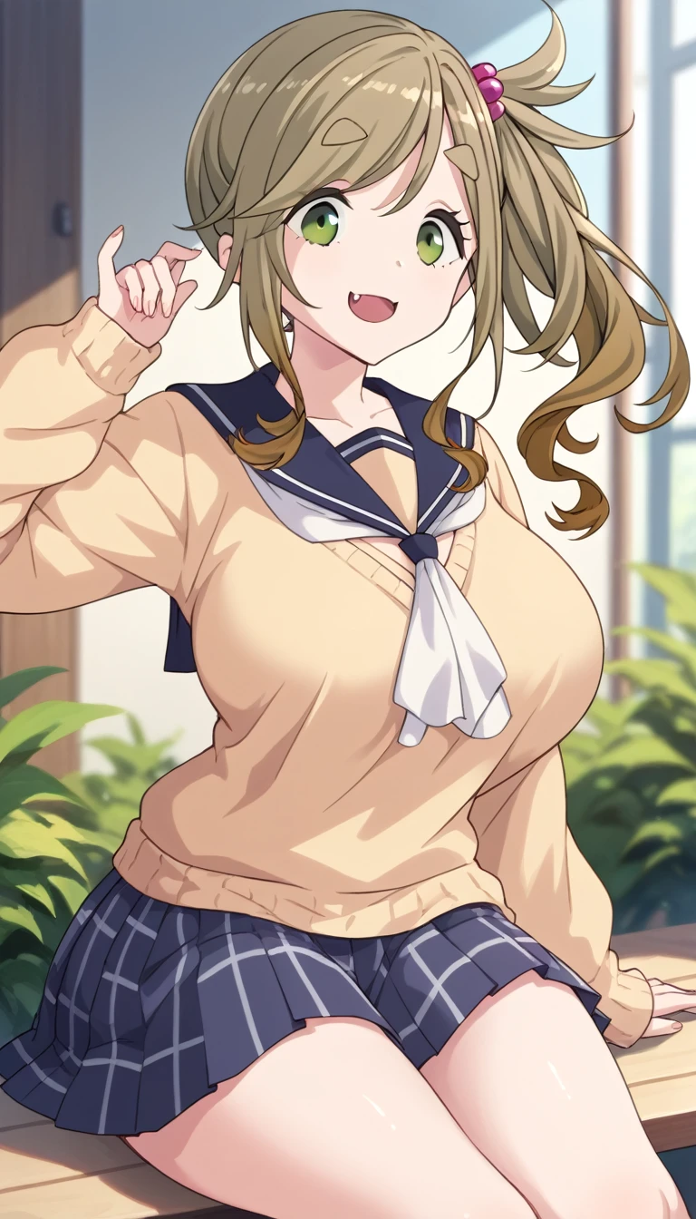 Aoi Inuyama, loose camp, medium hair, chest, bangs, brown hair, hair ornament, side ponytail, flowing bangs, thick eyebrows, hair bobble, skin fangs, green eyes, fangs, sailor color, sweater, Motosu , yellow Sweater, white neckerchief, pleated skirt, thighs, breasts exposed, big breasts