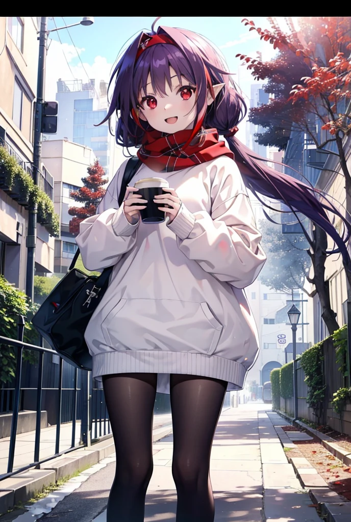 yuukikonno, Konno Yuuki, Long Hair, Pointed Ears, Purple Hair, (Red eyes:1.5), (Small breasts:1.2), Open your mouth,happy smile, smile, Open your mouth,hair band,low twin tail,Red Scarf,Oversized purple hoodie,Black pantyhose,Long skirt,short boots,Holding a paper cup of coffee in both hands,Walking,snowが降っている,snowが降り積もっている,snow,snow,snow,snow,snowが積もった木,winter,Cold Sky,night,whole bodyがイラストに入るように,
break looking at viewer,  whole body,
break outdoors, garden,
break (masterpiece:1.2), Highest quality, High resolution, unity 8k wallpaper, (figure:0.8), (Beautiful attention to detail:1.6), Highly detailed face, Perfect lighting, Highly detailed CG, (Perfect hands, Perfect Anatomy),