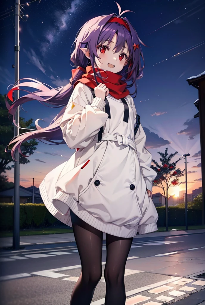 yuukikonno, Konno Yuuki, Long Hair, Pointed Ears, Purple Hair, (Red eyes:1.5), (Small breasts:1.2), Open your mouth,happy smile, smile, Open your mouth,hair band,low twin tail,Red Scarf,Oversized purple hoodie,Black pantyhose,Long skirt,short boots,Holding a paper cup of coffee in both hands,Walking,snowが降っている,snowが降り積もっている,snow,snow,snow,snow,snowが積もった木,winter,Cold Sky,night,whole bodyがイラストに入るように,
break looking at viewer,  whole body,
break outdoors, garden,
break (masterpiece:1.2), Highest quality, High resolution, unity 8k wallpaper, (figure:0.8), (Beautiful attention to detail:1.6), Highly detailed face, Perfect lighting, Highly detailed CG, (Perfect hands, Perfect Anatomy),