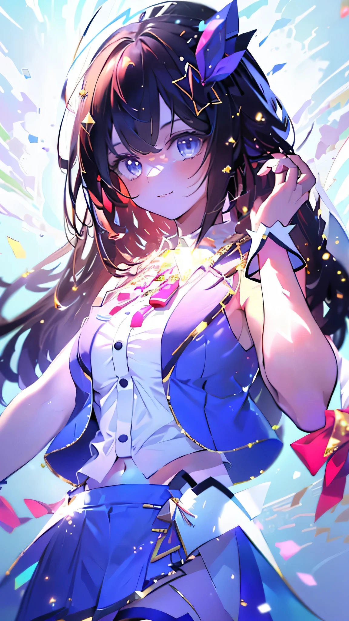 (Ultra-high resolution,masterpiece, Attention to detail, Highest quality), 8k,(ts1, white shirt, Blue vest, sleeveless, blue thighhighs, blue skirt, waist cape, wrist cuffs, leg ribbon, neck ribbon, midriff, breasts),(Blessed,Captivating body、Ultra-detailed skin、Super beautiful eyes、Detailed Background),One girl、 (enjoy :1.5),