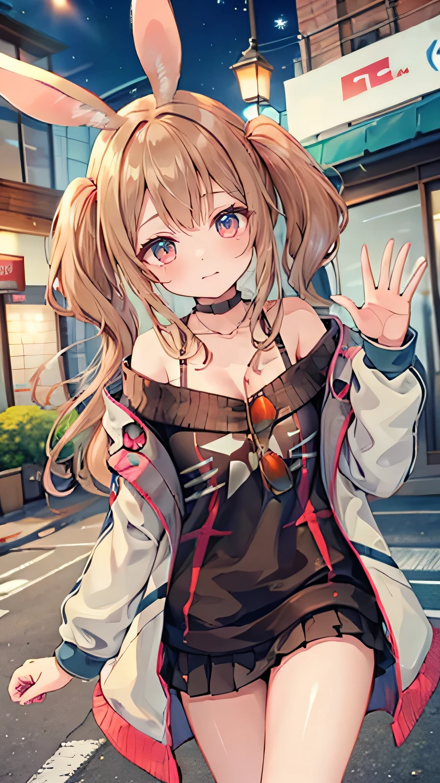 light brown hair, hair over shoulder, rabbit ears, shy, ray tracing, (masterpiece), ((accurate)), textured skin, high quality, high details, best quality, super detail, Japanese high school girl, casual clothes, ((Pleated skirt)), holiday walk, waving, Heart symbols