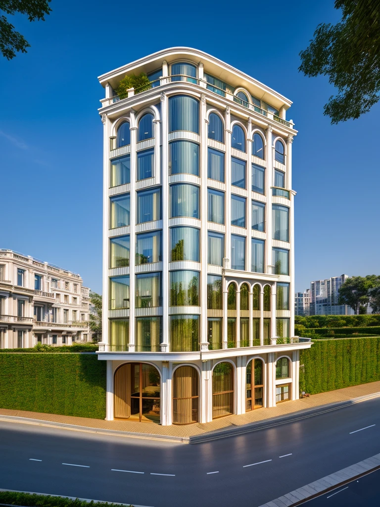 (masterpiece, best quality:1.2) 1white neoclassic building, (curved window), plants on company, building, exterior, architecture design, building in street