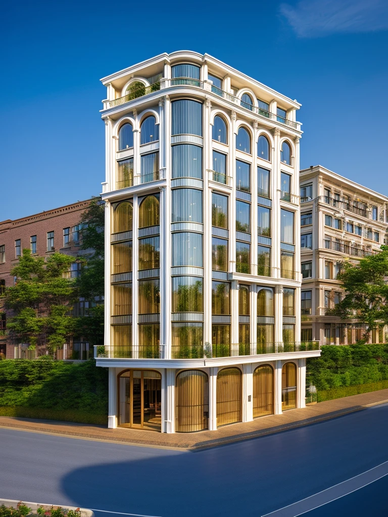 (masterpiece, best quality:1.2) 1white neoclassic building, (curved window), plants on company, building, exterior, architecture design, building in street