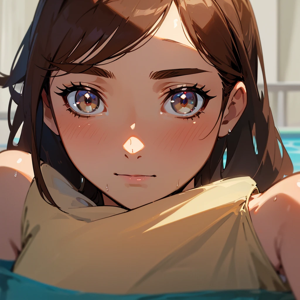 Medium Close-up, Cleavage, Joyuri, jo yuri, lily, ((Highest quality, 8k, masterpiece :1.3)), One girl, Beautiful woman with slim abdominal muscles :1.3, (Dark brown hair, ponytail, Huge breasts :1.2), Wet body:1.2, Pool, Highly detailed face, Detailed eyes, double eyelid