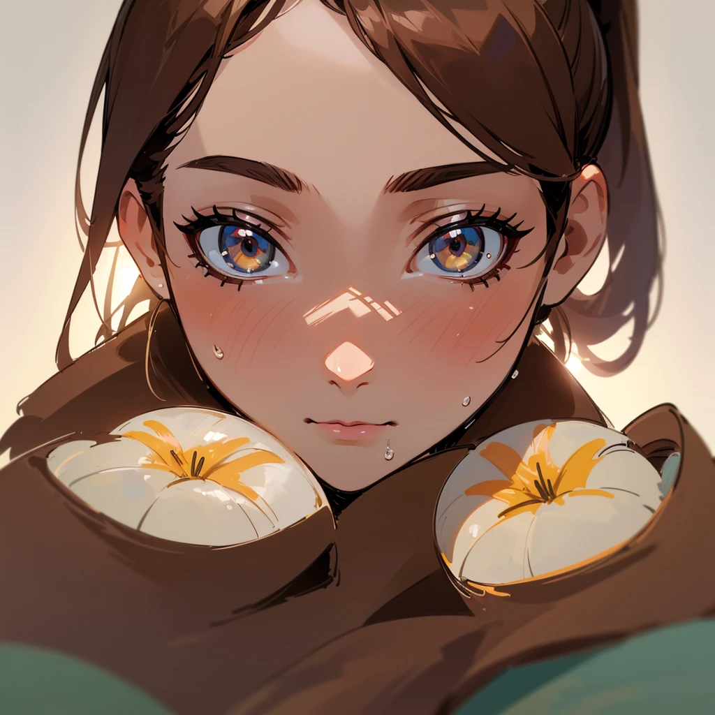 Medium Close-up, Cleavage, Joyuri, jo yuri, lily, ((Highest quality, 8k, masterpiece :1.3)), One girl, Beautiful woman with slim abdominal muscles :1.3, (Dark brown hair, ponytail, Huge breasts :1.2), Wet body:1.2, Pool, Highly detailed face, Detailed eyes, double eyelid