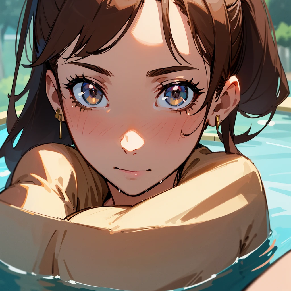 Medium Close-up, Cleavage, Joyuri, jo yuri, lily, ((Highest quality, 8k, masterpiece :1.3)), One girl, Beautiful woman with slim abdominal muscles :1.3, (Dark brown hair, ponytail, Huge breasts :1.2), Wet body:1.2, Pool, Highly detailed face, Detailed eyes, double eyelid